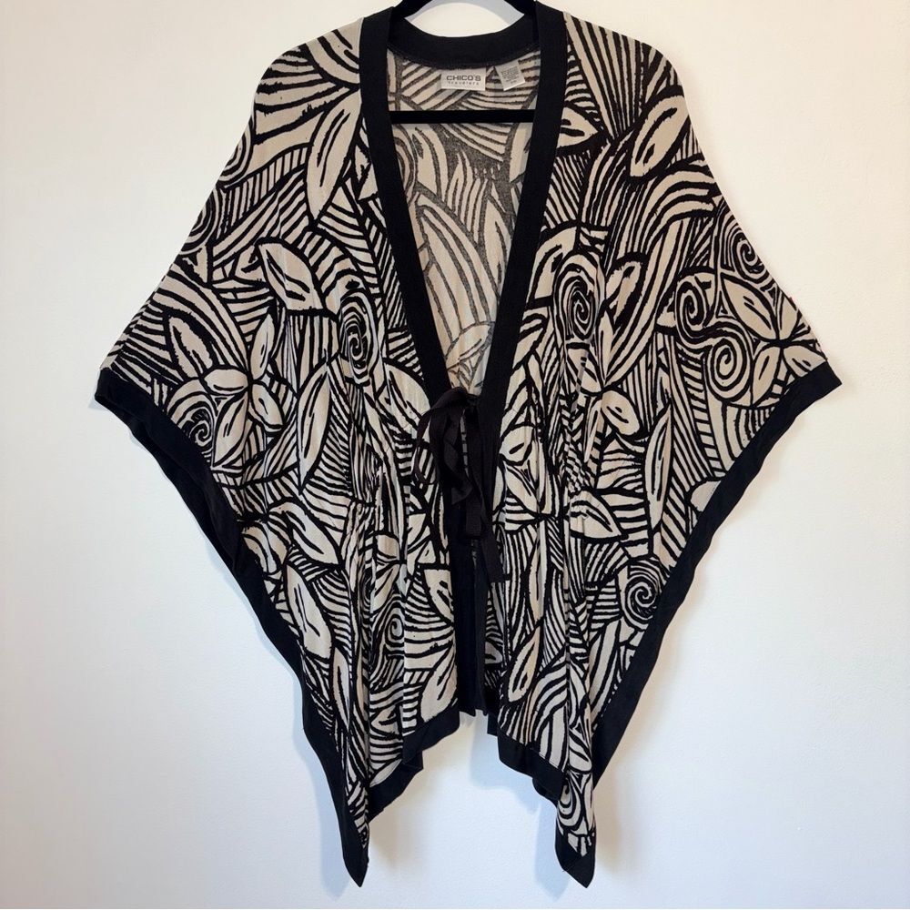 Chico's Travelers Tie-Front Longline Kimono Women S/M Neutral Floral Boho Office